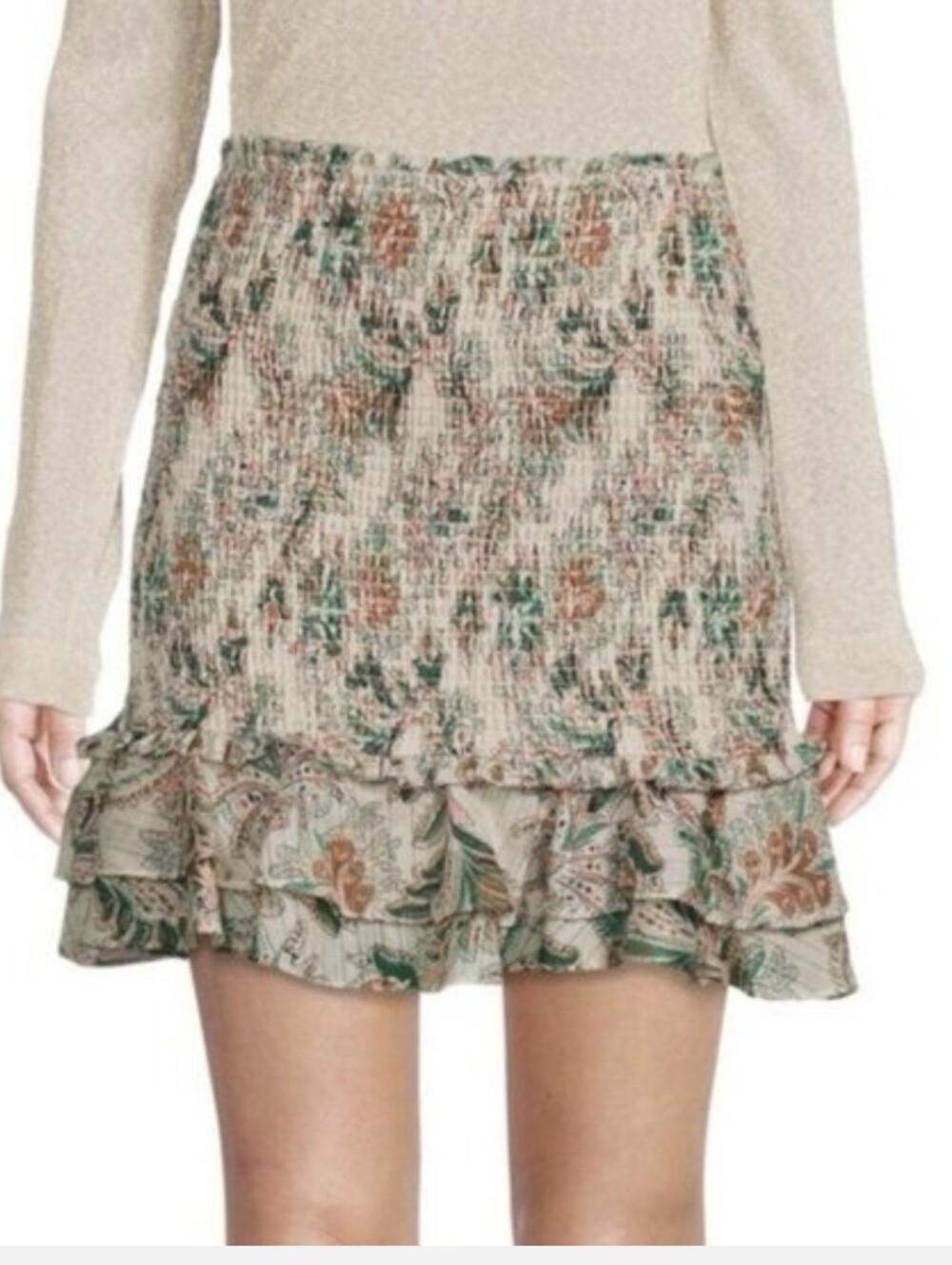Veronica Beard Floral Smocked Ruffle Mini Skirt Beige Green 10